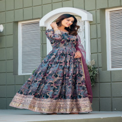Premium Designer Floral Printed Taby Silk Readymade Gown with Net Dupatta